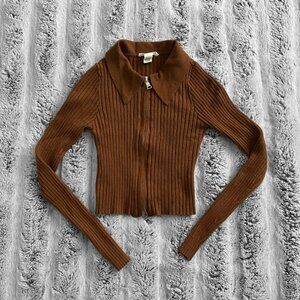 TILLY'S FULL TILT Mid Brown Ribbed Collared Zipper Cropped Long Sleeve Sweater
